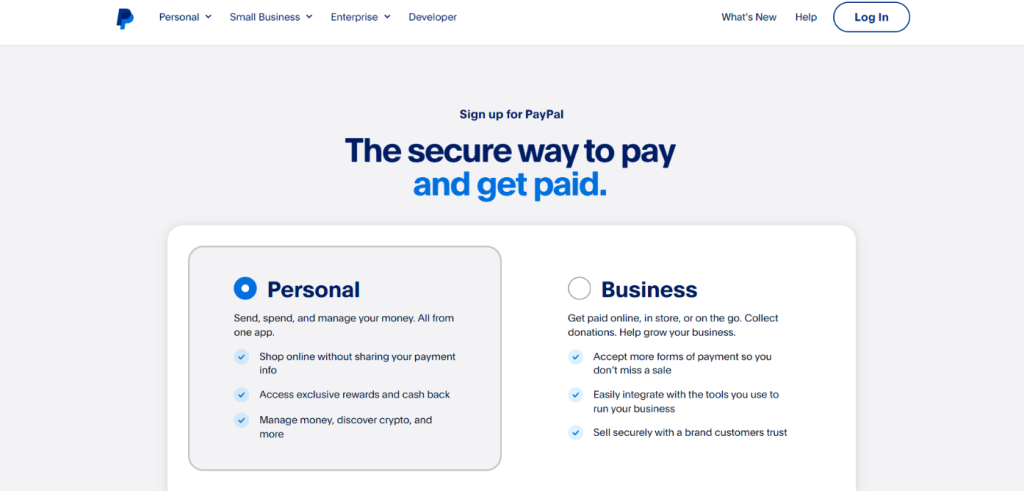 PayPal stránka pro registraci