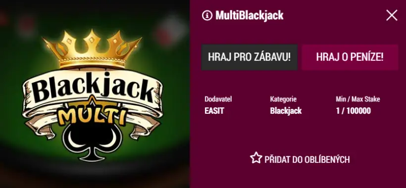 Informace o Multi Blackjacku na Synot Tip